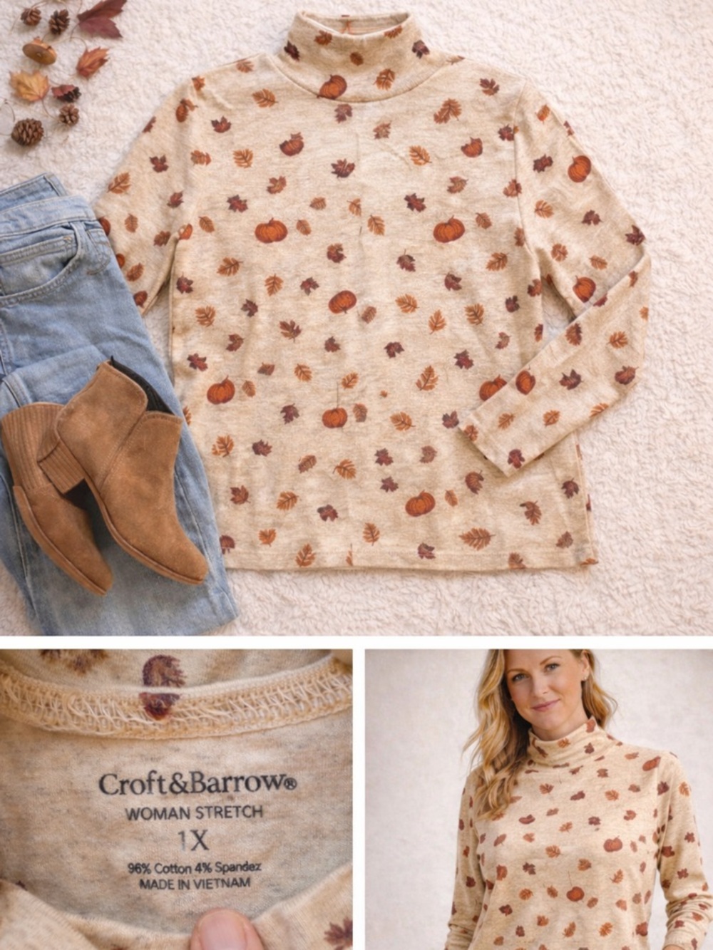 croft & barrow Cream Pumpkin and Leaf Turtleneck Sweater